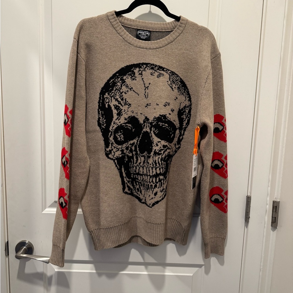 RGSTR Heart & Skull Knit Sweater in taupe with a crew neck Size L